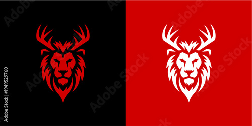 A striking vector emblem featuring a powerful lion head crowned with majestic stag antlers, presented in both red on black and white on red. This elegant and modern design conveys strength, leadership