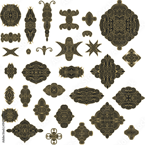 Set of decorative elements - ornamental rosettes, mandala, ornamental vector border ribbons, oriental style