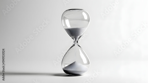 A modern minimalist hourglass isolated on a pure white background, high-key studio lighting, sharp crisp edges as if burned into the white space. The glass is clear and clean, fine sand almost