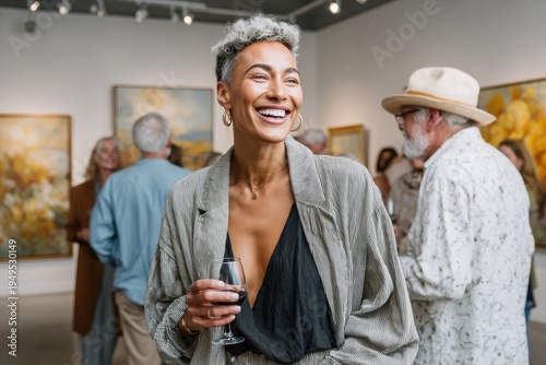 A party in an art gallery, paintings on walls, elegant guests with wine glasses