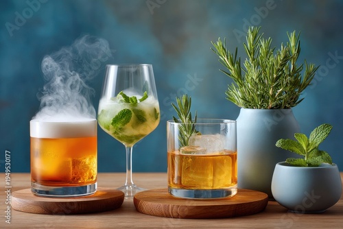 cocktail party with molecular mixology, smoking drinks, scientific glassware