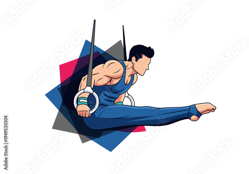 Male gymnast performing a straddle hold on gymnastic rings with an abstract geometric background