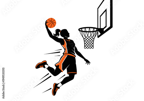 Dynamic silhouette graphic of a female basketball player jumping to score a point with the ball and hoop