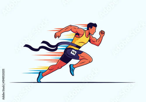 Energetic male athlete sprinting and breaking the finish line tape during a race