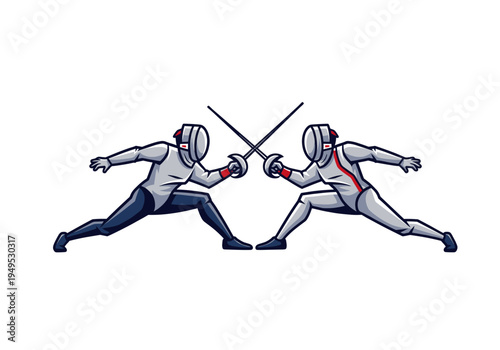Two fencers in protective gear crossing swords during a fencing match