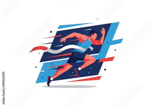 Energetic male runner sprinting and breaking a finish line ribbon