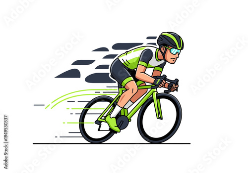 Determined male cyclist in green and black uniform speeding on a road bike