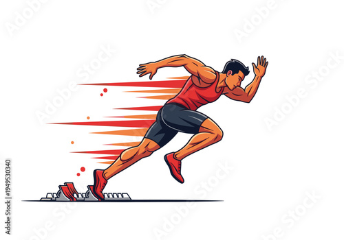Energetic male runner exploding from starting blocks in a sprint race with dynamic speed lines