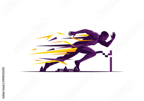 Dynamic male athlete runner sprinting forward with speed trails at a race track