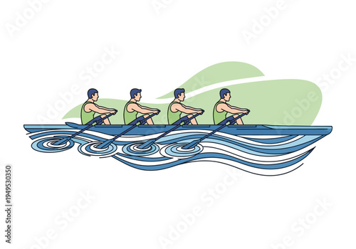 Four male rowers in a sculling boat on water demonstrating teamwork and athleticism