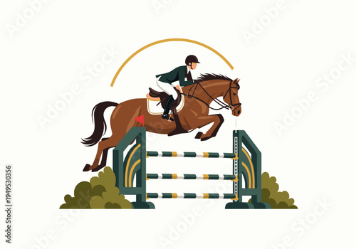 Equestrian rider on a brown horse jumping over an obstacle during a show jumping competition