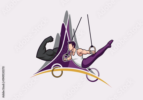 Stylized illustration of a male athlete performing on gymnastic rings with a flexing arm graphic