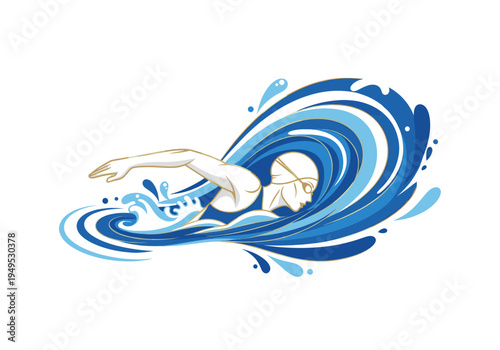Stylized illustration of a swimmer in a cap and goggles performing freestyle stroke through dynamic blue water