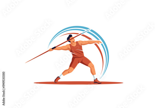 Male athlete in sports uniform preparing to throw a javelin during a track and field event