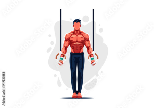 Muscular male athlete with strong physique holding gymnastic rings.