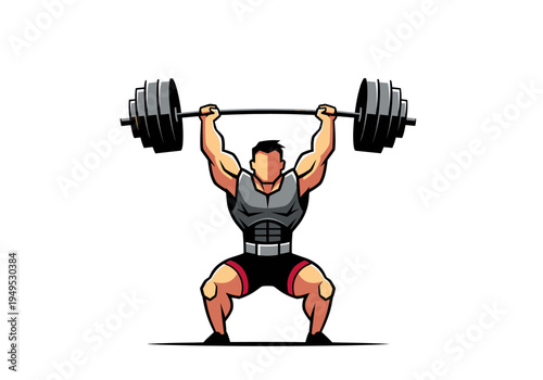Muscular man performing an overhead barbell squat exercise during a heavy weightlifting workout
