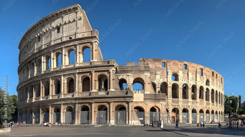 Naklejka premium a photo of the colosseum in Rome, from ground level, but with modern additions, signage and product advertisements to turn it into a shopping mall
