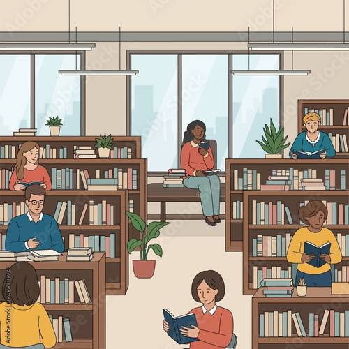 People reading books in the library with many bookshelves