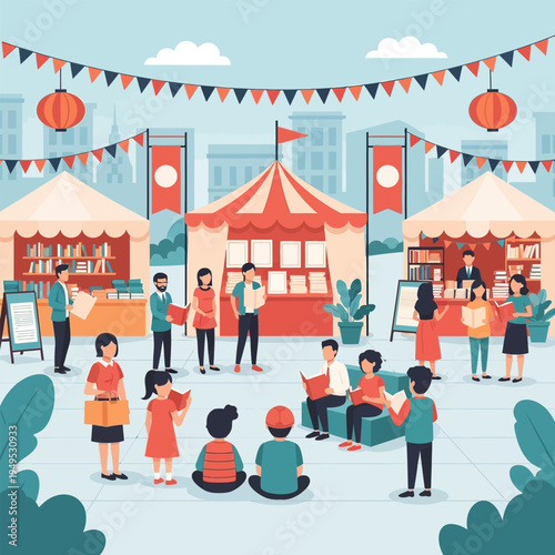 People shopping and reading at a colorful book fair event