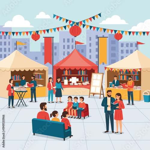 People shopping for books and reading at outdoor book fair