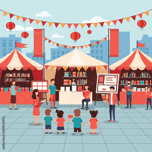 People shopping for books, reading, and attending a book fair