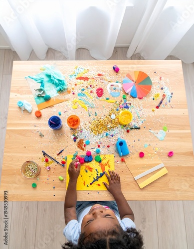 Young child engaged in creative art project with colorful materials on a wooden table.