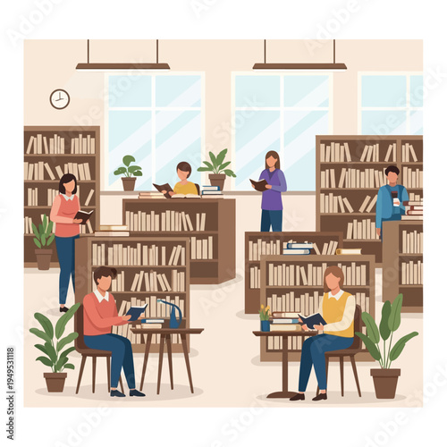 People reading books in a library, surrounded by bookshelves