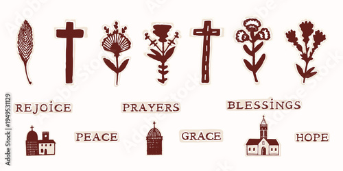 Christian floral cross and blessing prayers peace motif collection. Hand drawn stylised flower design in flat isolated vector sticker style. For religious lettering, easter blessings and holy bundle