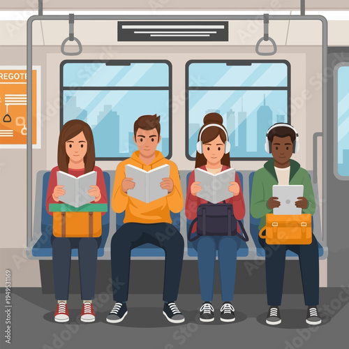 Commuters reading on a subway train with city buildings visible
