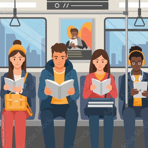 Students reading books while traveling on the subway train