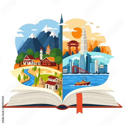 World travel concepts shown in open book with diverse landscape scenes