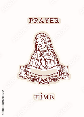Hand drawn nun pray with bible motif printable greeting card. Flat isolated vector retreat design with lettering block print female cartoon sticker. Holy week prayer time notice blank with copy space