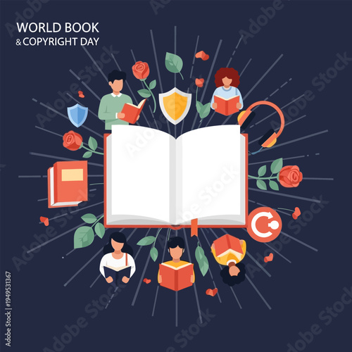 World Book and Copyright Day illustration with open book and readers