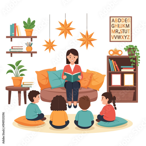 Woman reading book to children during story time in cozy room
