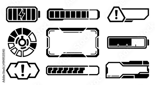 Black futuristic game UI HUD vector set. Includes tech screen frames, alert badges, radar dials, battery icons, and loading bars for sci-fi design