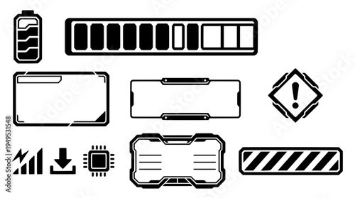 Black futuristic game UI HUD vector set. Includes tech info panels, screen frames, microchip, download, and signal icons for sci-fi interface