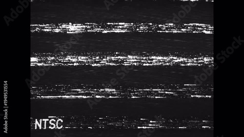 NTSC Static Noise and Glitches on a Black Screen, Analog TV Interference, Retro Broadcast Signal Problem.