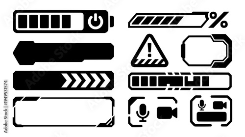 Black futuristic game UI HUD vector set. Includes stream media mic and camera icons, progress loading bars, and warning signs for tech interface