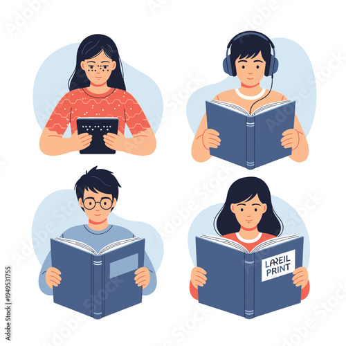 People reading books of various formats and embracing literacy