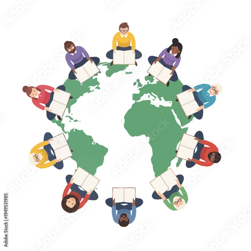 People reading books around the world, global learning concept