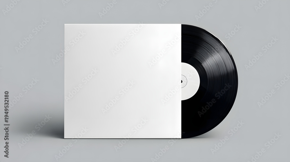 Fototapeta premium a plain white mock up album cover sleeve, slight visual of an vinyl record peeping out of the right side of the album cover, black record, nostalgic design