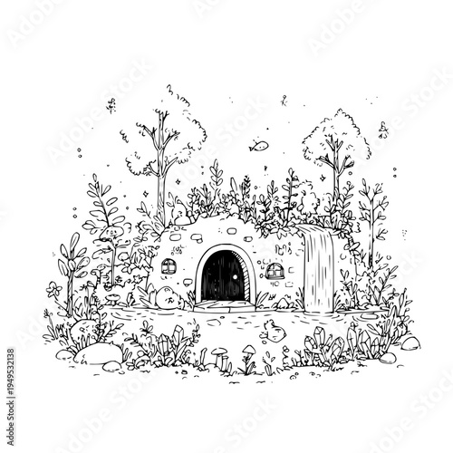 Mysterious stone entrance surrounded by lush foliage and trees in a serene natural setting illustration