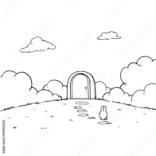 Rabbit approaches arched doorway surrounded by clouds on hilltop landscape in simple black and white illustration