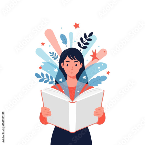 Woman reading a book with abstract illustrations expanding from it