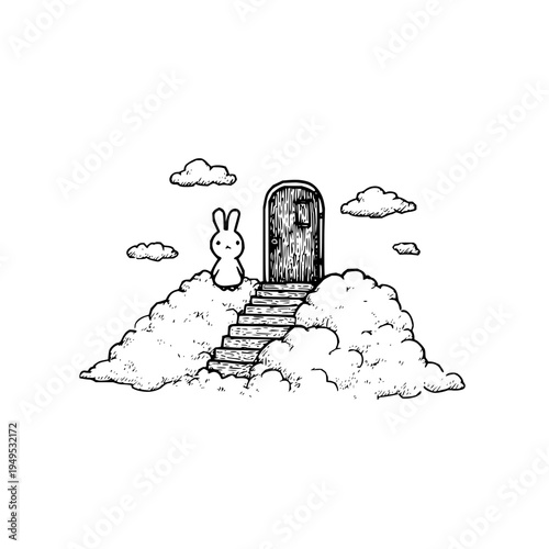 Whimsical black and white illustration of a bunny standing beside a wooden door on a cloud with stairs leading up to it surrounded by fluffy white clouds and a simple background