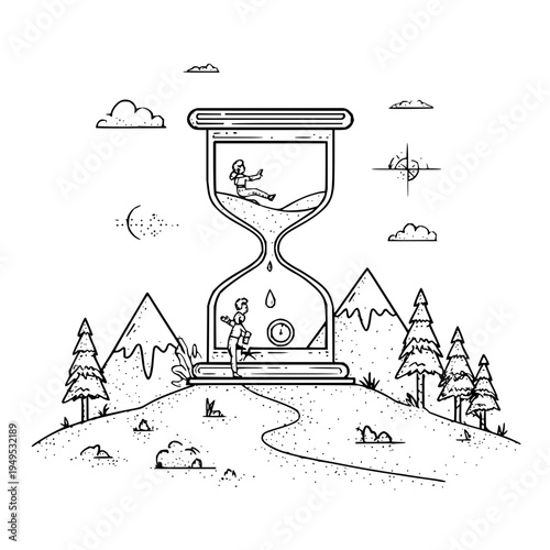 Whimsical hourglass symbolizing time passing with tiny people experiencing life's journey amidst a stylized mountain landscape and dreamy clouds representing the ephemeral nature
