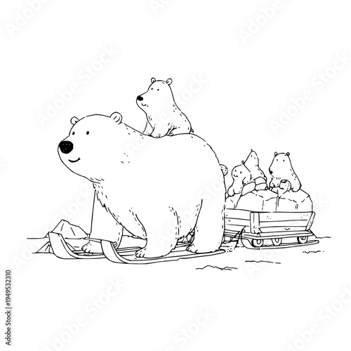Charming polar bear family enjoys a joyful winter sleigh ride with cubs playfully perched on their mother and in a wooden cart conveying warmth togetherness and festive holiday