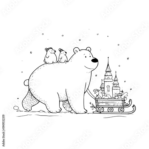 Large polar bear pulling a sleigh with two small bears and a castle in a whimsical winter scene with snowy atmosphere