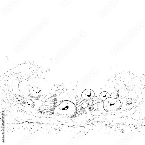 Whimsical cartoon characters with happy faces bravely navigate a stormy sea on a small wooden raft depicted in a charming black and white sketch style conveying resilience