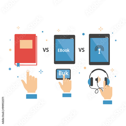 Book versus eBook digital devices with hand touch control concept